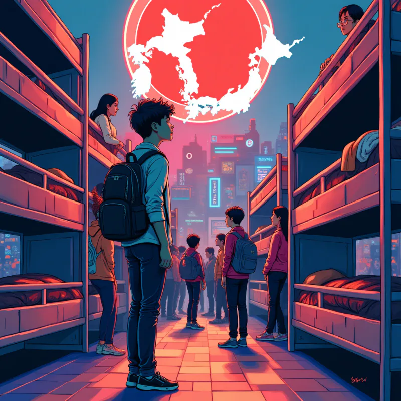 Colorful pop-art collage illustration: a young American traveler with a backpack standing in a busy hostel common room surrounded only by other Western tourists, a glowing map of Japan floating above, small local faces just out of reach in the background, bright neon colors, modern graphic design style, no readable text
