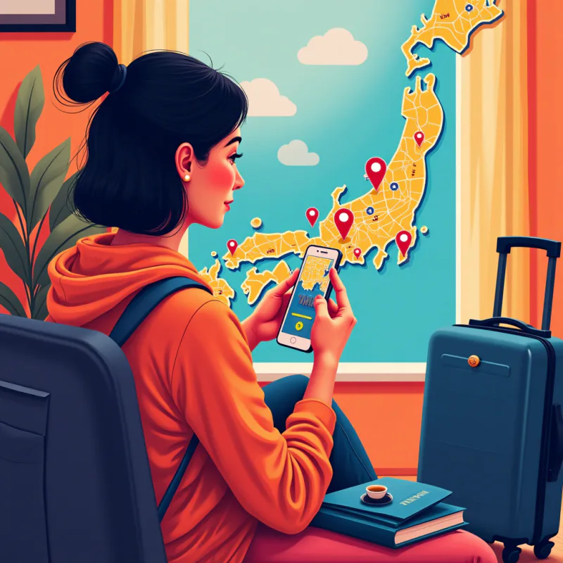 Colorful pop-art collage illustration: a traveler at home before a trip looking at a phone showing a glowing map of Tokyo with friendly location pins, a suitcase and passport nearby, a coffee cup icon marking a planned meetup, warm bright colors, modern graphic design style, no readable text