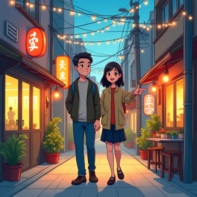 Colorful cartoon illustration: a Japanese local and a foreign visitor as new friends walking a lively Tokyo backstreet together at dusk, pointing at a small restaurant, string lights overhead, both smiling and relaxed, warm bright colors, modern illustration style, no text