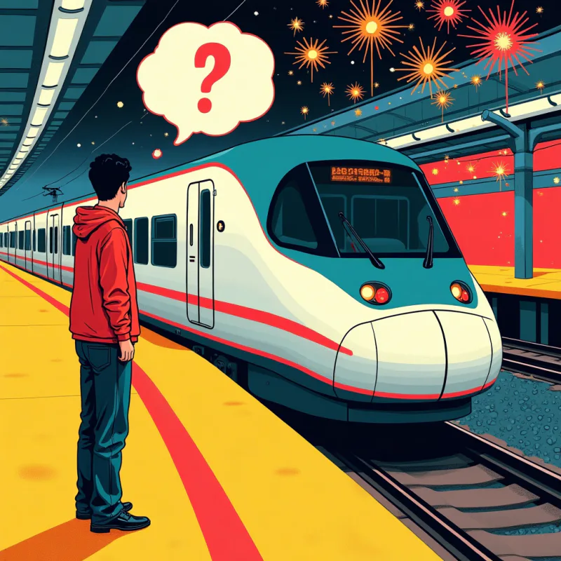 Pop-art collage illustration of long-term life in Japan: a person standing at a crossroads with a suitcase, floating icons of a train, a convenience store, a small house, a calendar, and human silhouettes, one path glowing warm and one grey, bright neon colors, modern graphic design style, no readable text