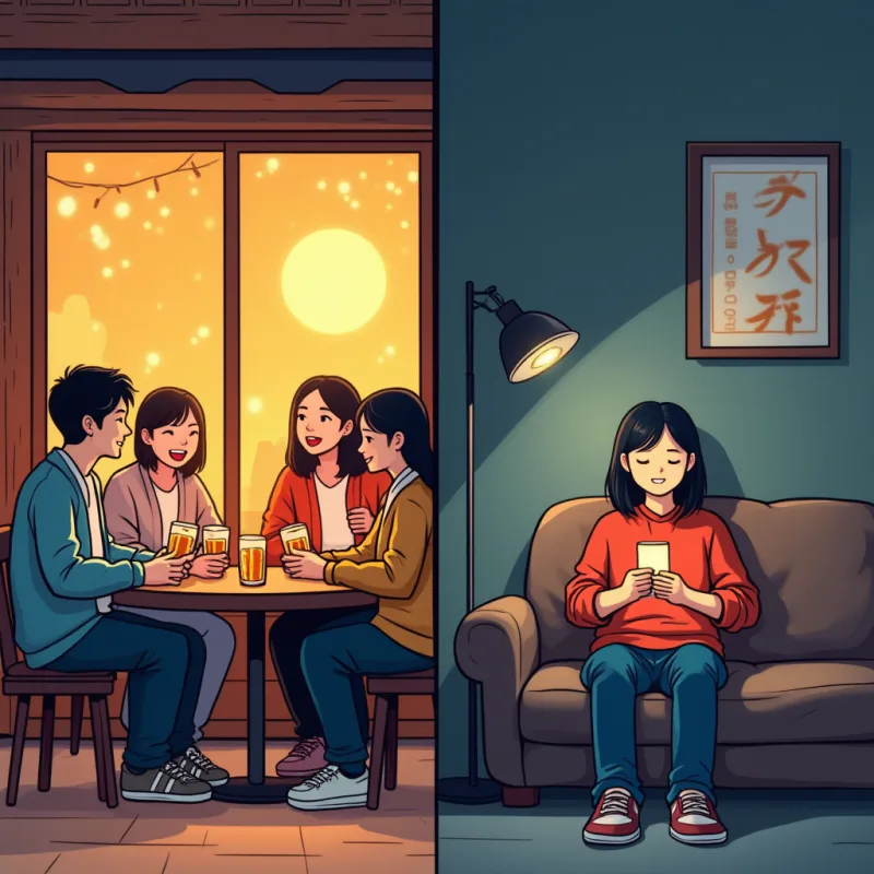 Split-scene cartoon illustration: on one side a warm evening with a foreigner laughing among neighbors and friends at a cozy local spot, on the other side the same person alone on a couch with a glowing phone in a dim apartment, clear visual contrast, warm bright colors on the left and cool grey tones on the right, modern illustration style, no text