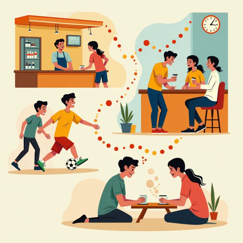 Cartoon illustration of a warm local web of connection: a foreigner as a regular at a small counter bar greeting the owner, playing futsal with a small team, and chatting with a Japanese friend over coffee, shown as three linked cozy vignettes, warm bright colors, modern illustration style, no text