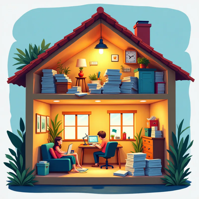 Colorful cartoon illustration: a cutaway view of a small house where a single room is brightly lit and crammed with work things like a laptop, a desk and stacks of paper, while the other rooms sit empty and dim, a tired person sitting inside the one lit room, visual metaphor, warm bright colors, modern illustration style, no text