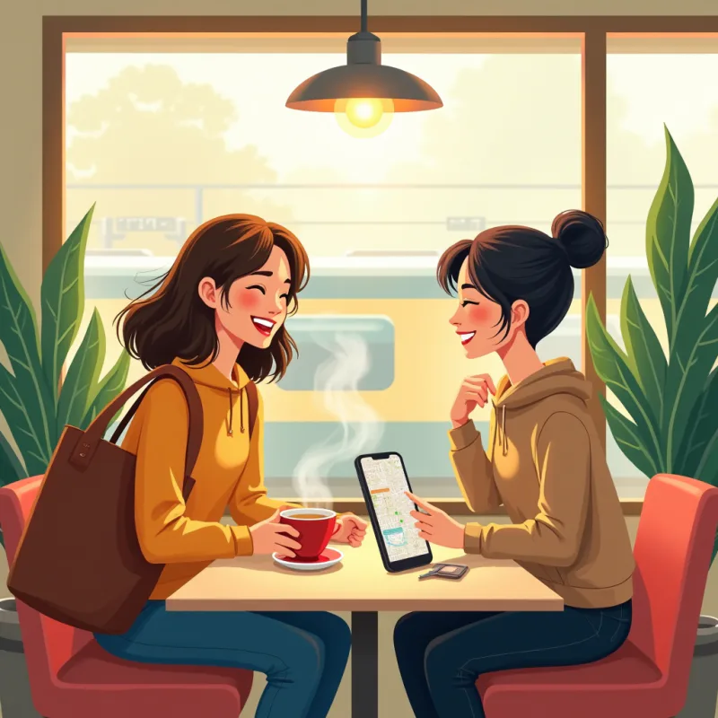 Colorful cartoon illustration: two young women, one Western traveler with a tote bag and one Japanese woman, sitting across from each other at a bright daytime cafe near a train station, laughing over coffee, phone with a glowing map on the table, plants and big windows, warm cheerful colors, modern illustration style, no text