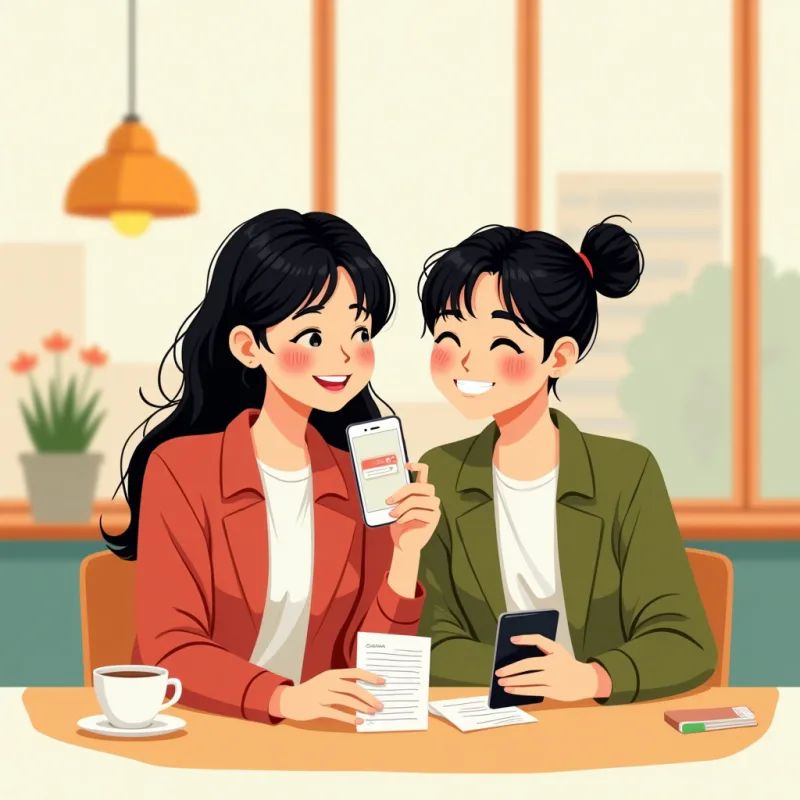 Colorful cartoon illustration: two friends at a bright cafe, one Japanese and one foreign, leaning over a phone showing a photo of a letter, the local one smiling and reassuring, visible relief on the other's face, coffee cups on the table, warm cheerful colors, modern illustration style, no text