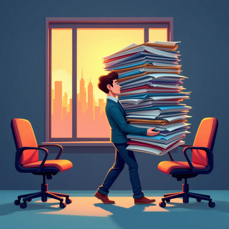 One tired office worker carrying a huge stack of files alone while empty chairs sit around