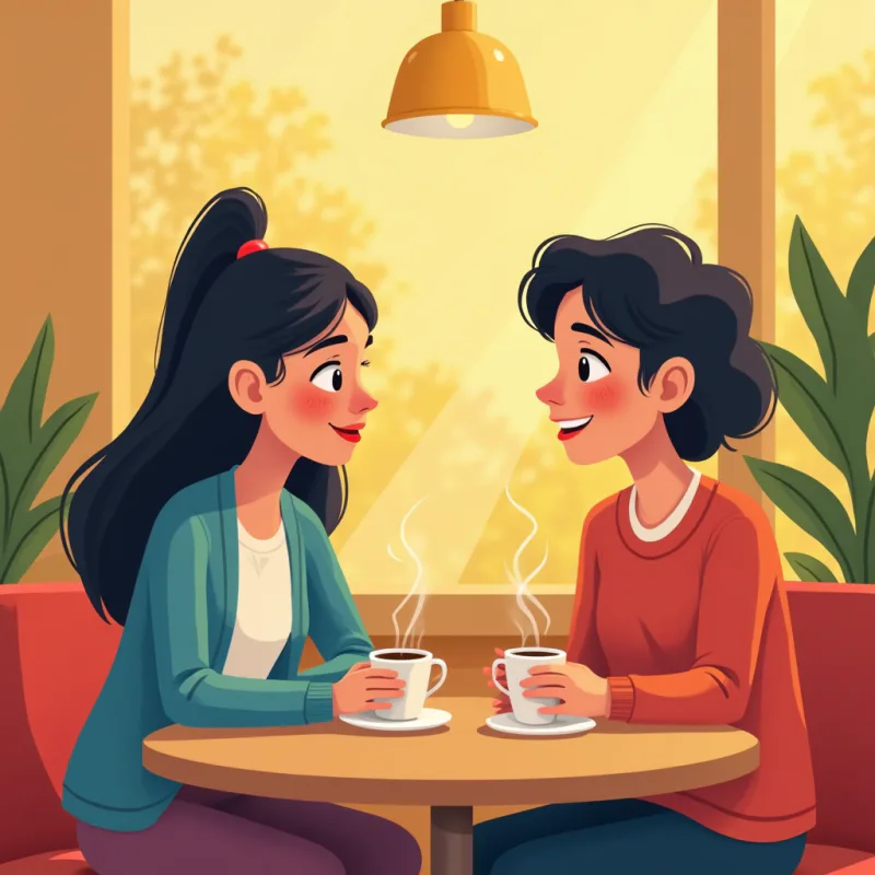 A diverse group of friends chatting warmly over coffee in a cozy cafe, one person looking relieved