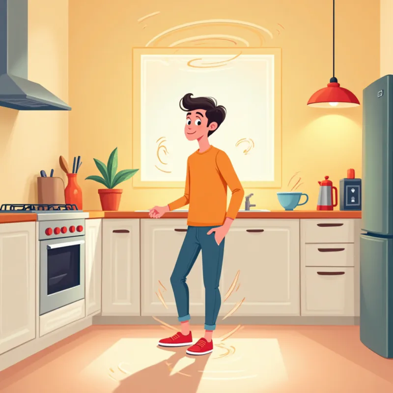 Colorful cartoon illustration: a young person standing still in a small apartment kitchen looking slightly off balance and dizzy, gentle wavy motion lines rippling around the room, a coffee mug and hanging lamp swaying, a soft spiral above their head, calm but disoriented mood, warm bright colors, modern illustration style, no text