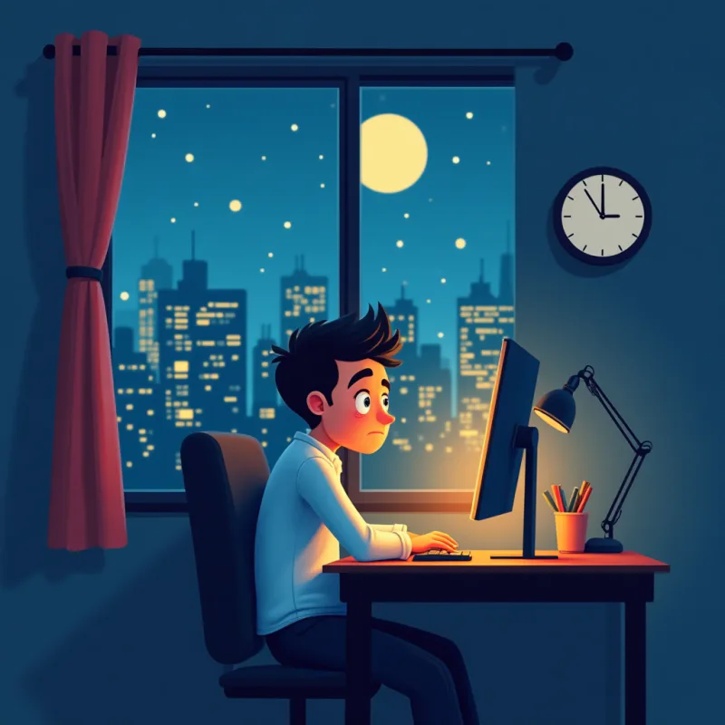 A tired office worker alone at a desk late at night, city lights through the window, clock reading past midnight