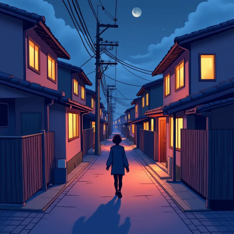 A person walking home alone through a quiet Japanese street at night, warm windows around them but no one to visit