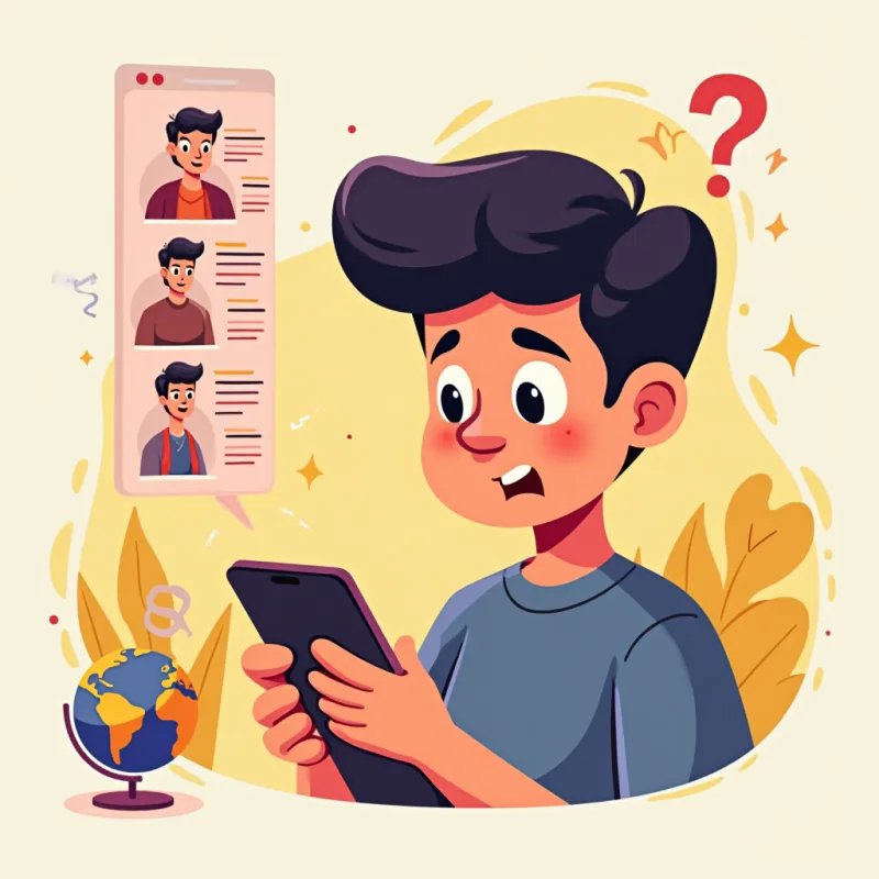 Colorful cartoon illustration: a young person looking puzzled at a smartphone showing a list of mismatched profile results, a magnifying glass and a small globe floating nearby, a question mark thought bubble above their head, warm bright colors, modern illustration style, no text