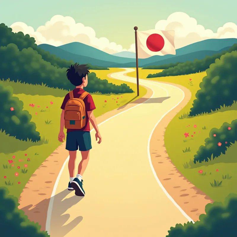 A young person in Japan reaching toward a finish-line flag that is sliding away into the distance