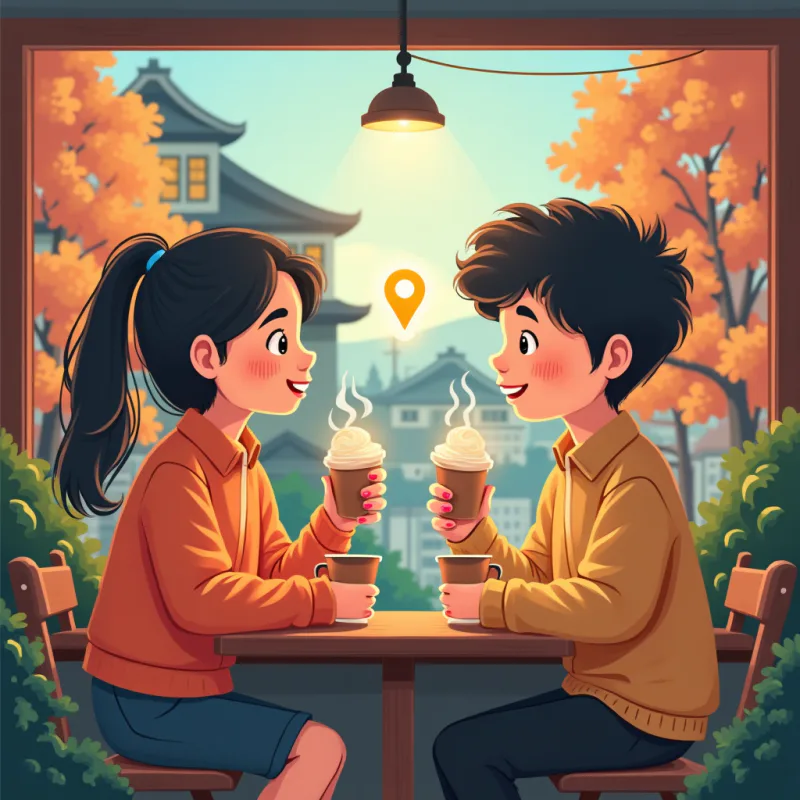 A foreigner and a friendly local meeting for coffee in a Japanese neighborhood, glowing map pins floating between them