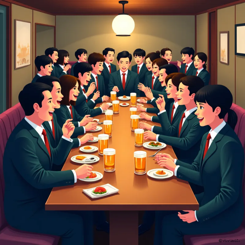 A crowded izakaya private room at night, twenty coworkers packed around long tables, glasses everywhere