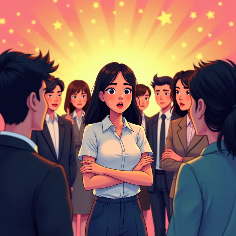 A person standing slightly apart from a group, looking uncomfortable and watched, muted mood