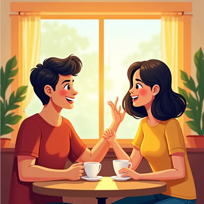 Two people of different backgrounds having a warm, animated daytime conversation over coffee in a bright cafe