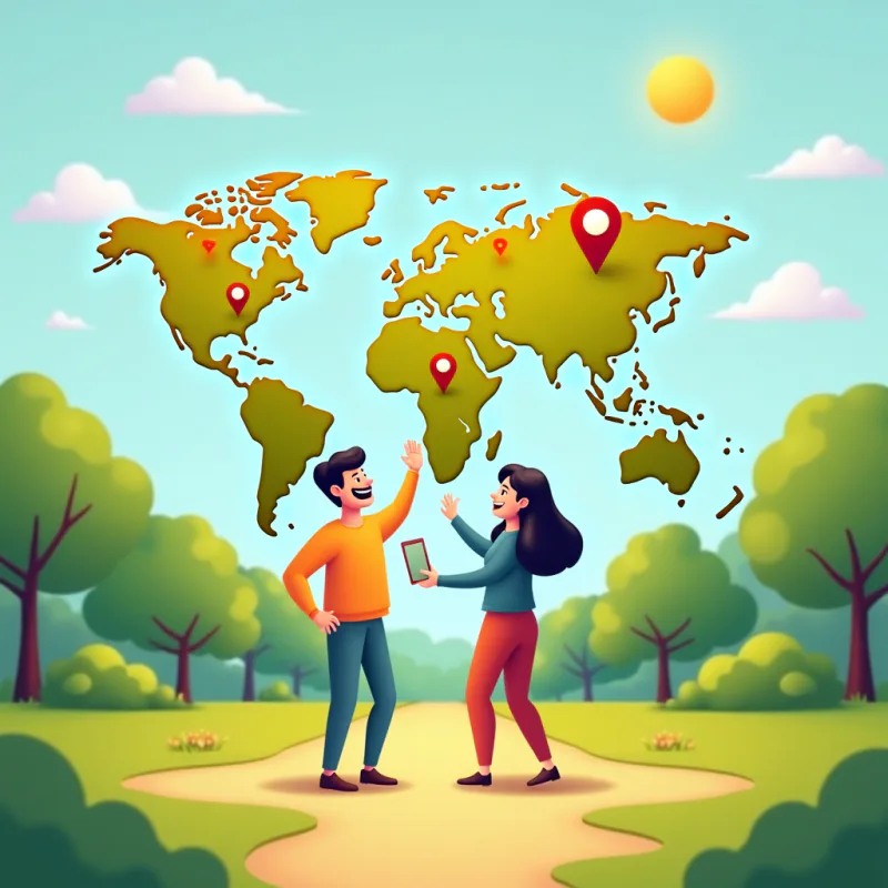 A friendly world map dotted with glowing pins, two people meeting up in a sunny park they picked themselves