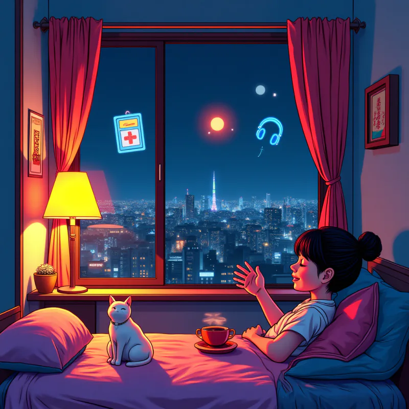 Pop-art collage illustration: a content person alone in a cozy Tokyo apartment at night, warm lamp light, a cup of tea, a cat, a closed door, city lights through the window, floating icons of a ticket machine and headphones, bright neon colors, modern graphic design style, no readable text