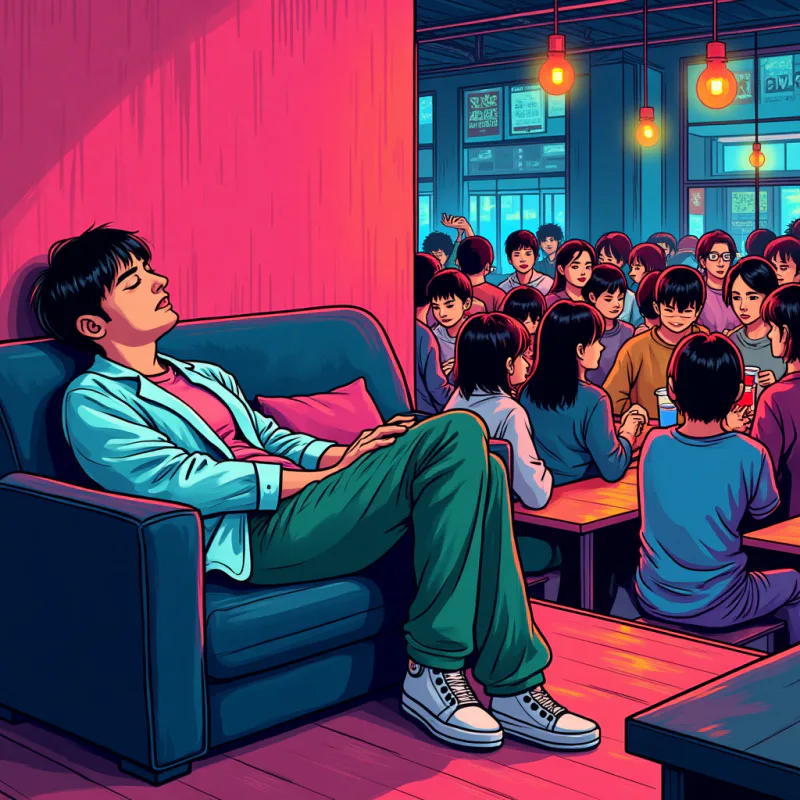 Pop-art split-scene illustration: on one side a person curled up alone and comfortable on a sofa, on the other side the same person looking overwhelmed in a loud crowded izakaya full of strangers, visual contrast between calm and chaos, bright neon colors, modern graphic design style, no readable text