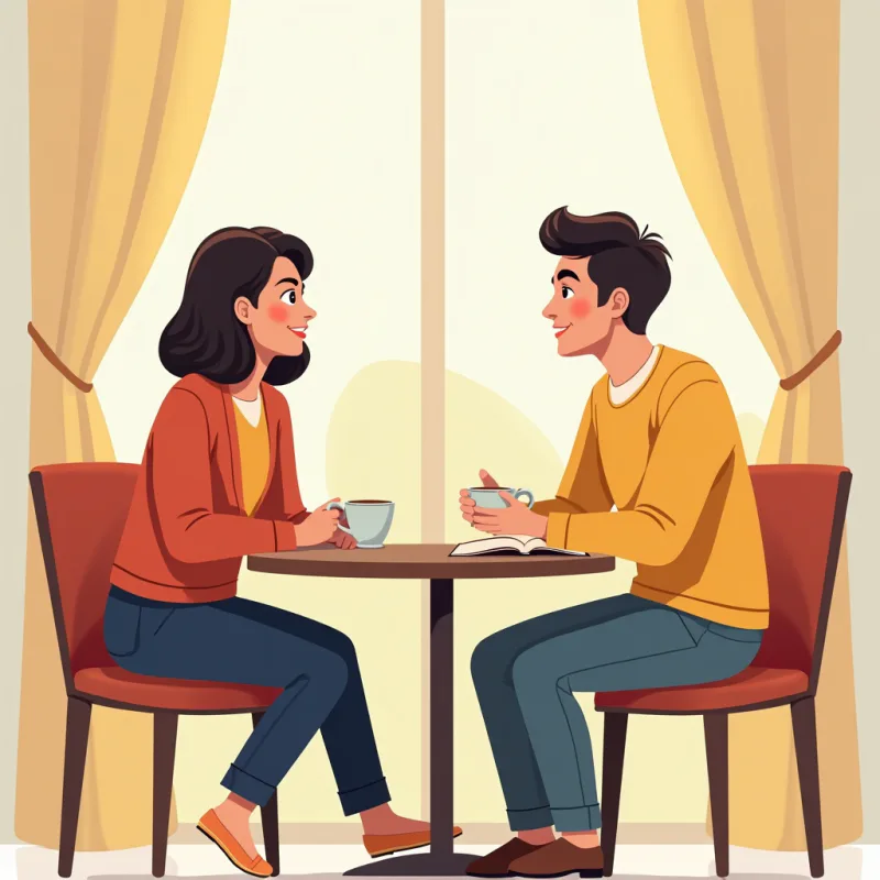Pop-art illustration: two people, one Asian and one Western, having a calm relaxed one-on-one conversation at a quiet cafe table, coffee cups, a book between them, soft warm afternoon light, gentle friendly mood, bright colors, modern illustration style, no readable text