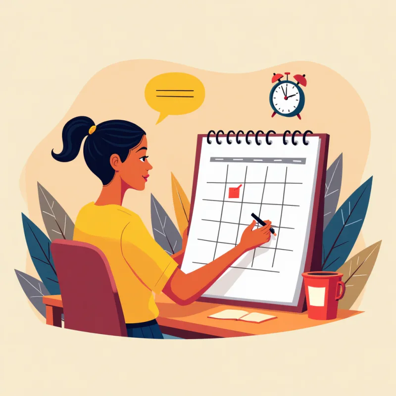 Pop-art illustration: a calm confident person marking one single coffee meeting on a weekly calendar, a small clock, one speech bubble, a warm minimalist desk, a sense of gentle intention and control, bright colors, modern graphic design style, no readable text
