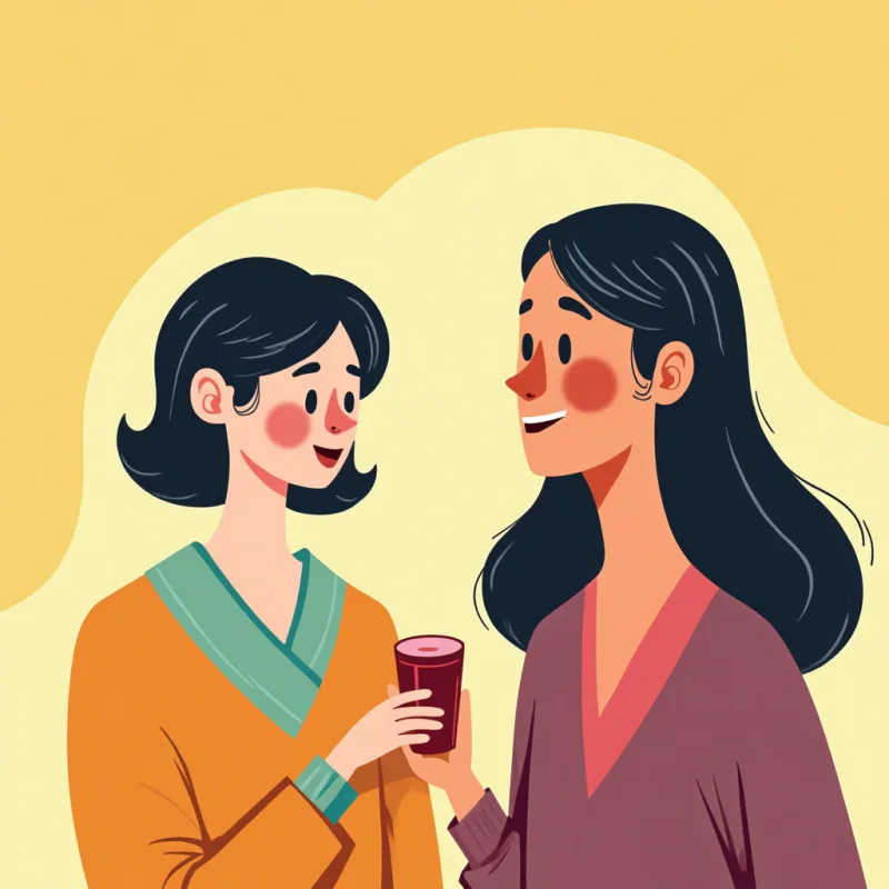 Colorful cartoon illustration: close-up of an elderly Japanese woman with a firm flustered expression under a soft spotlight, floating thought bubbles showing a polite decline, exaggerated surprise, bright colors, modern illustration style, no text