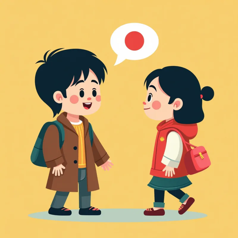 Colorful cartoon illustration: two people one Japanese and one Western smiling and chatting over coffee at a small cafe table, a glowing map pin floating above them, warm friendly mood, bright colors, modern illustration style, no text