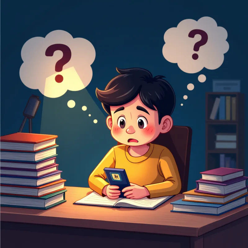 A tired foreign office worker at a desk late at night, a kanji flashcard app glowing on the phone, textbooks stacked nearby, thought bubbles with question marks, warm bright colors, modern illustration style, no text