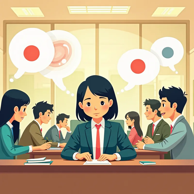 A foreign worker sitting silently at a desk in a busy Japanese office, coworkers chatting around them in speech bubbles, the worker looking slightly left out, warm bright colors, modern illustration style, no text