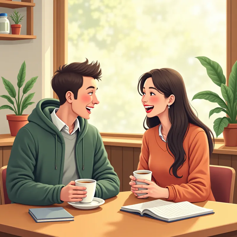 A foreign person and a Japanese friend talking casually over coffee at a cafe, both laughing, relaxed low-stakes atmosphere, notebooks and cups on the table, warm bright colors, modern illustration style, no text
