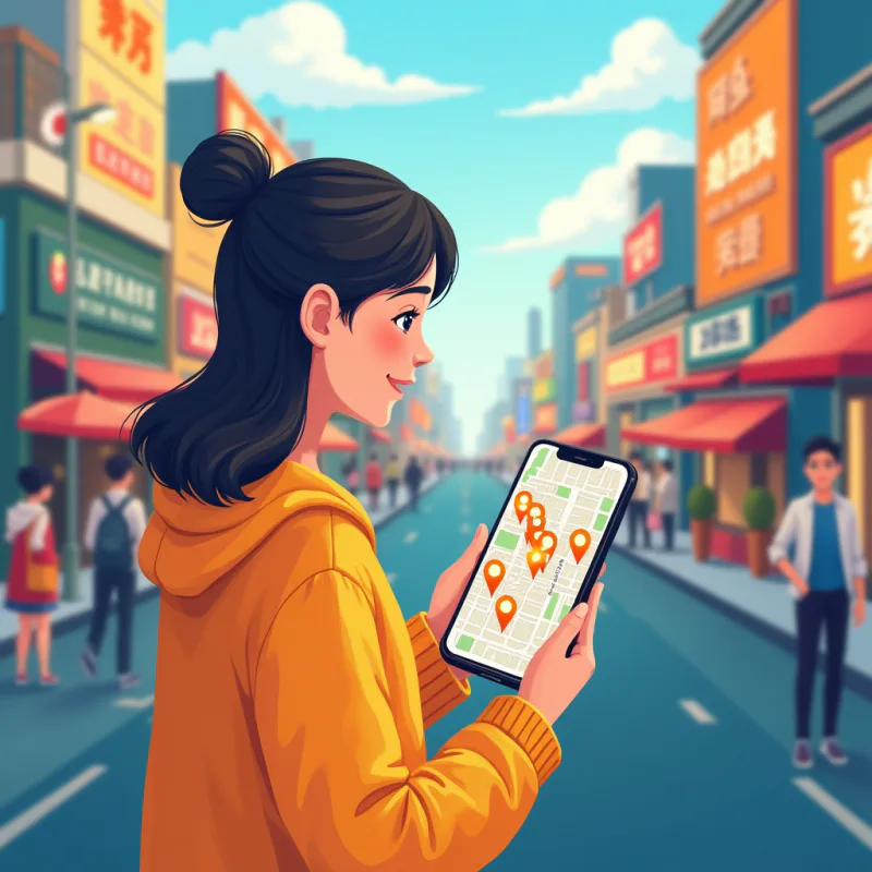 A foreign person looking at a phone with a city map and glowing pins showing people nearby, a friendly Japanese person waving nearby, bright city setting, warm bright colors, modern illustration style, no text
