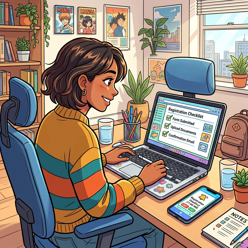 A calm foreign learner following a registration checklist on a laptop, phone with calendar reminder nearby, bright home office, supportive visual mood, colorful manga-style cartoon illustration, no text