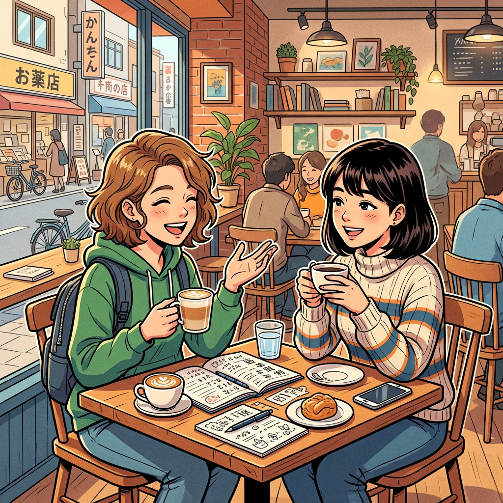 A foreign learner and a Japanese local chatting over coffee, study notebook open between them, friendly neighborhood cafe, relaxed confident mood, colorful manga-style cartoon illustration, no text