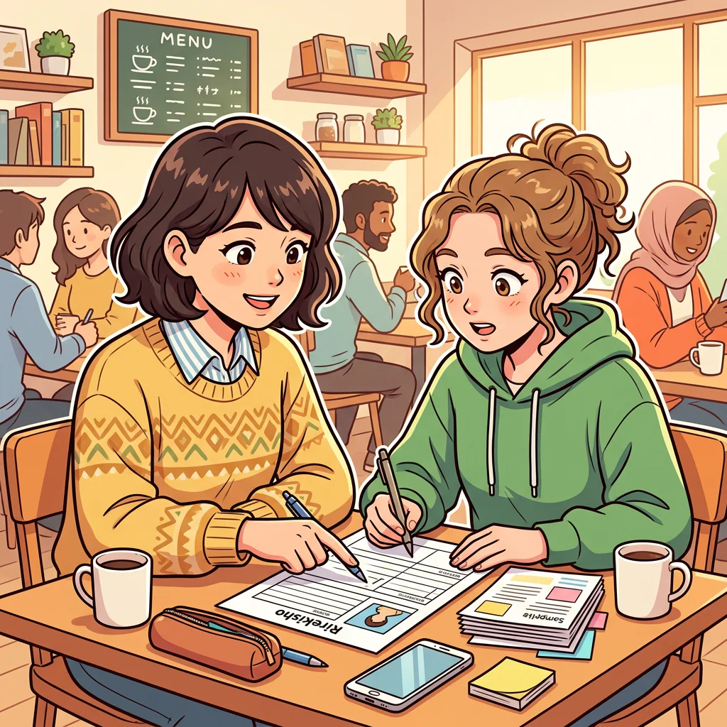 Dois amigos revisando uma pequena parte de uma candidatura em um café