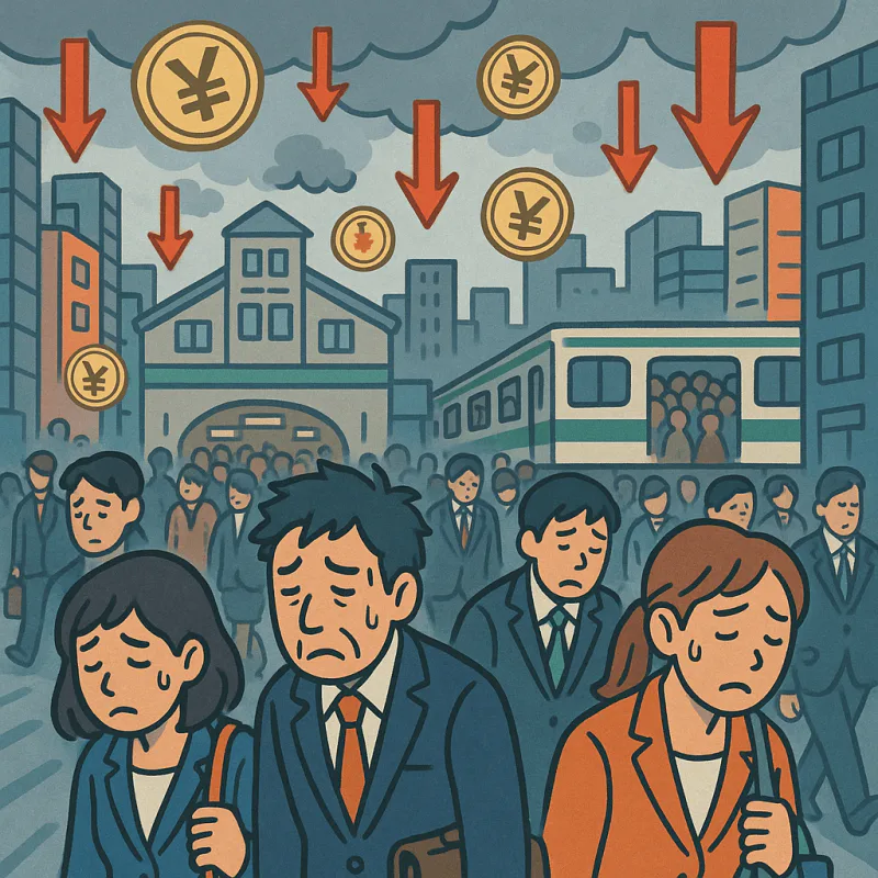 Stressed Japanese neighborhood, tired faces, weak yen
