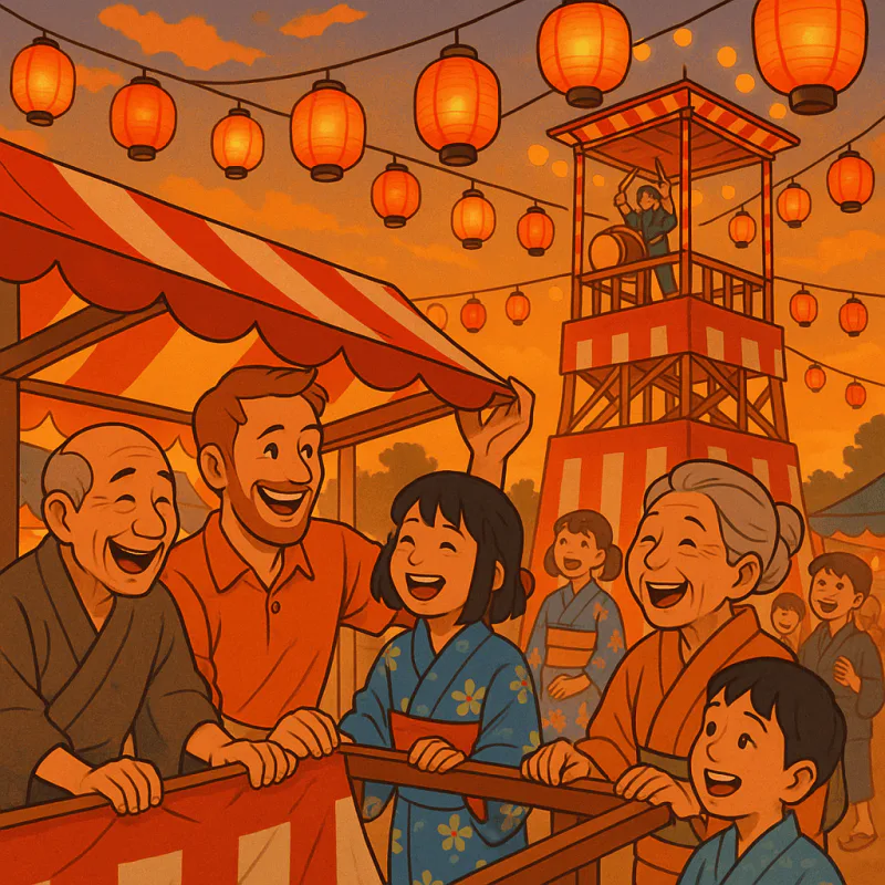 Foreigner helping at a local matsuri, kids and elders together