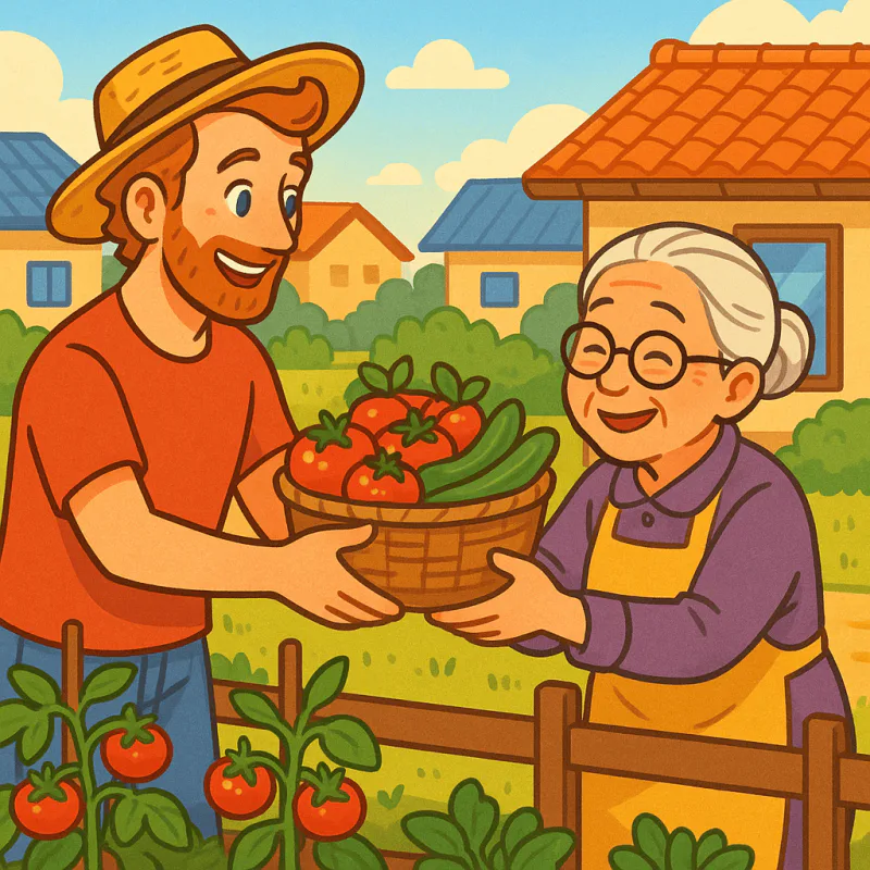 Foreigner sharing vegetables with elderly Japanese neighbor over the fence