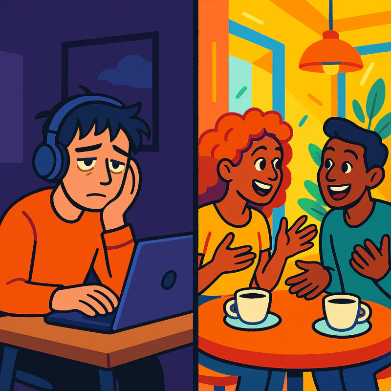 Person alone with headphones vs person in conversation with a friend