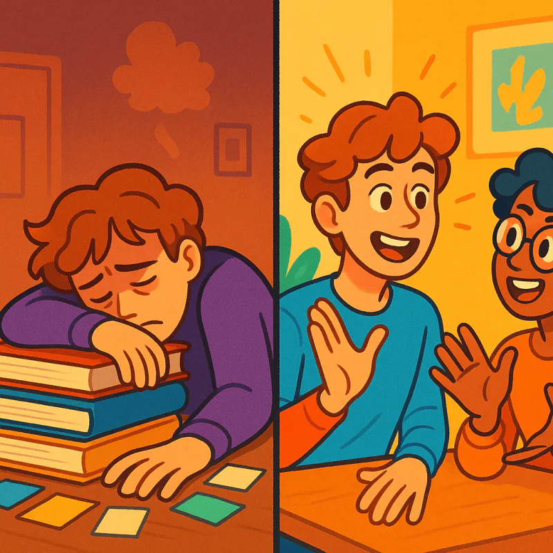 Split scene: tired learner slumping over books, then energized in conversation