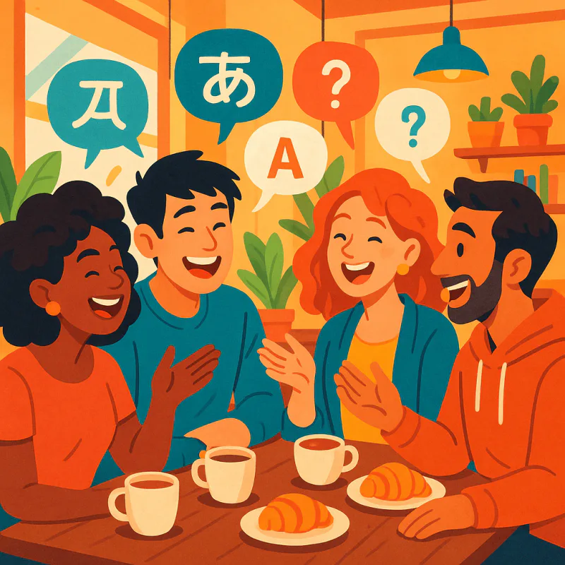 Friends hanging out at a café switching between languages