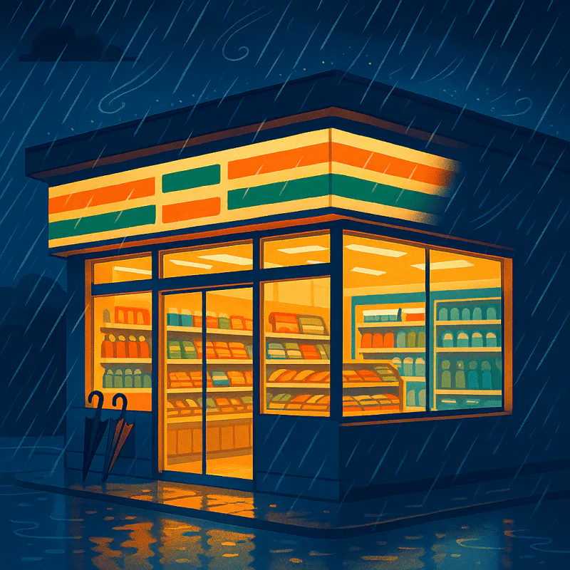 Brightly lit Japanese convenience store at night during a typhoon
