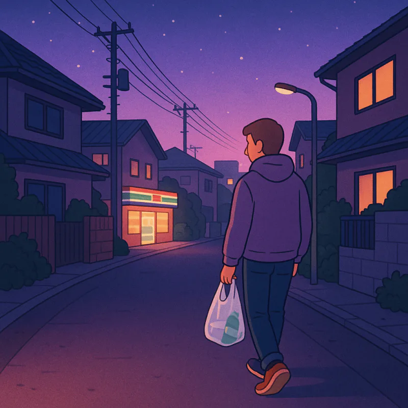 Person walking home alone at night holding a konbini bag, glow of the store behind
