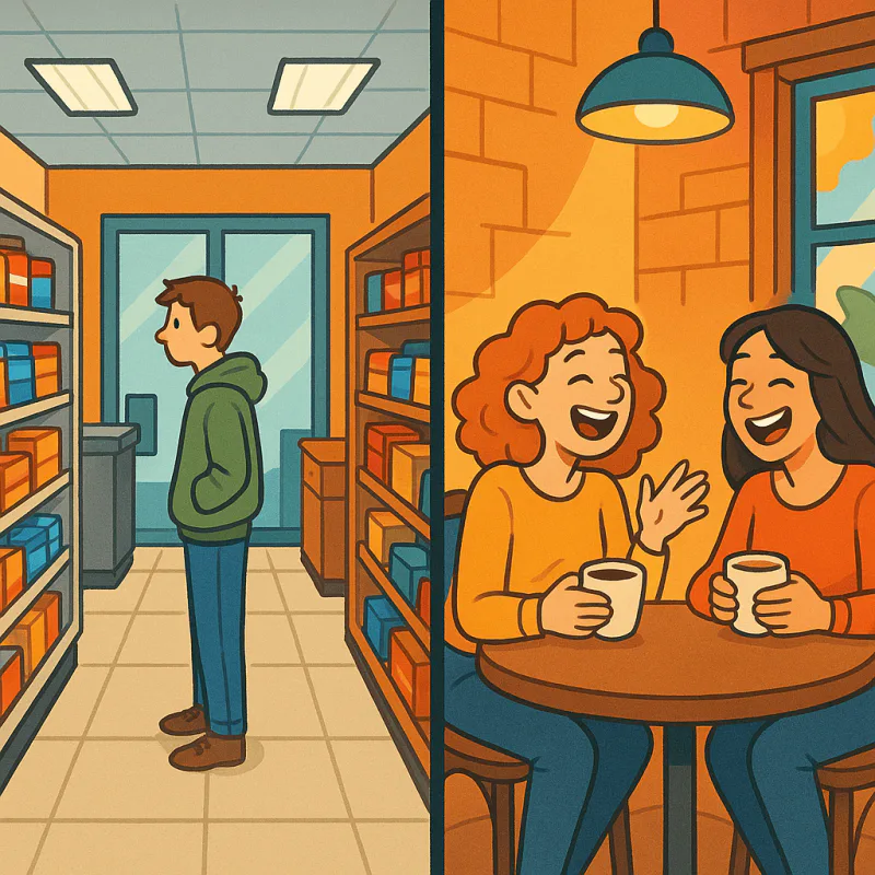 Split scene: cozy konbini interior on one side, two friends laughing over coffee on the other