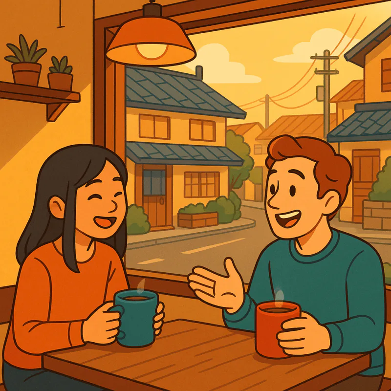 Friends meeting up at a café in a Japanese neighborhood