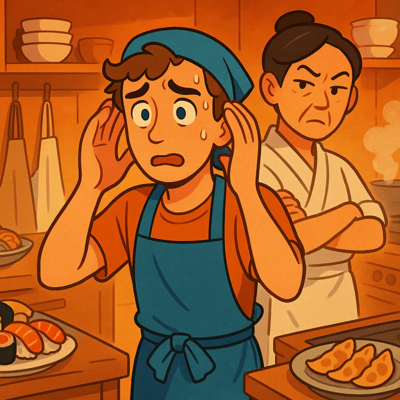 A confused foreigner at work, senpai in the background with a split expression of kindness and sternness