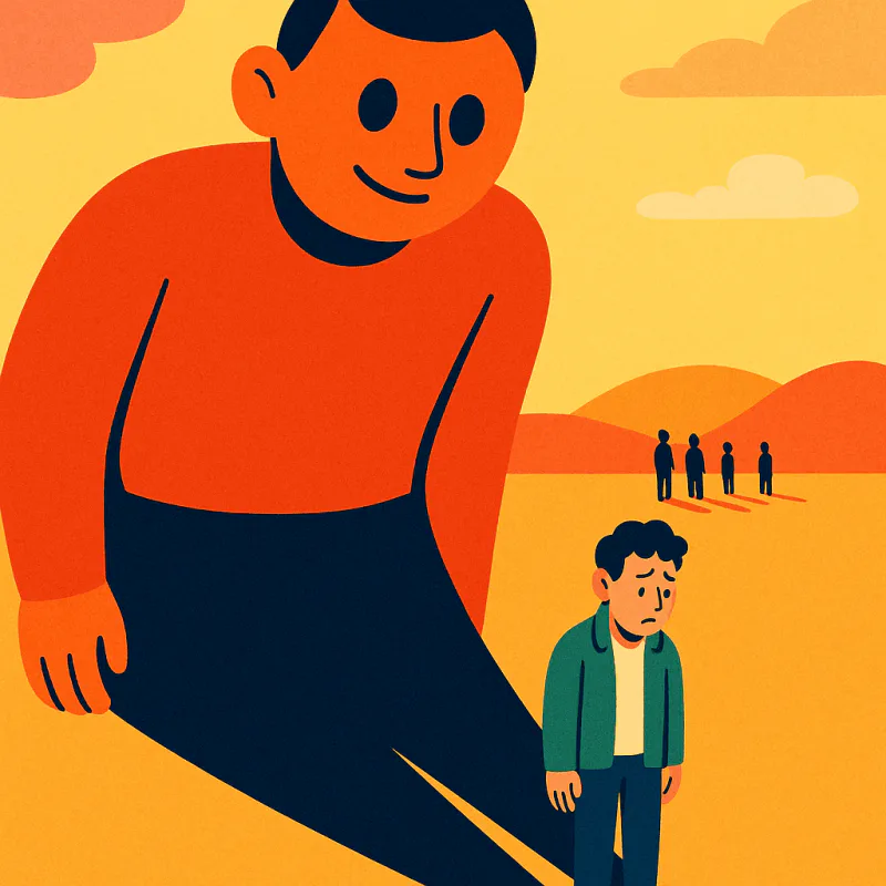 A single giant figure filling the whole screen while other silhouettes stand far away