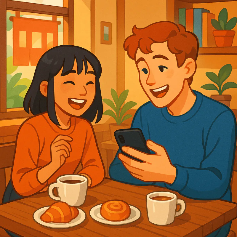 Two peers relaxed at a café, one showing a phone to the other, both laughing