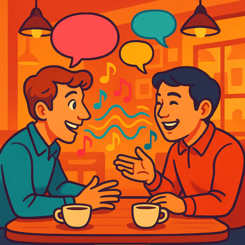Two people speaking, accent shown as colorful sound waves between them, friendly cafe scene