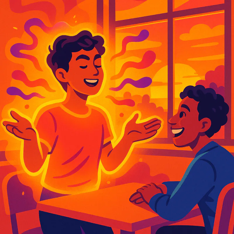 A confident person mid-conversation with a colorful warm aura, listener leaning in interested