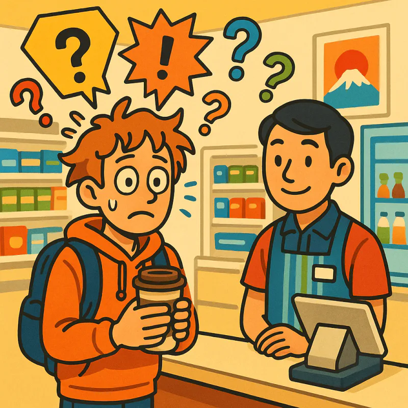 A foreigner frozen at a konbini register with kanji floating around their head, the cashier patient and friendly